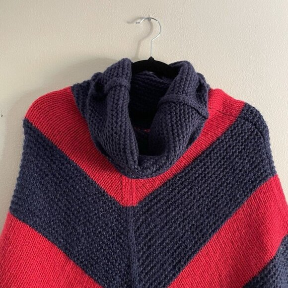 Sperry Topsider Women One Size Navy Blue/Red Large Stripe Cowl Neck Sweater Cape - Picture 5 of 9